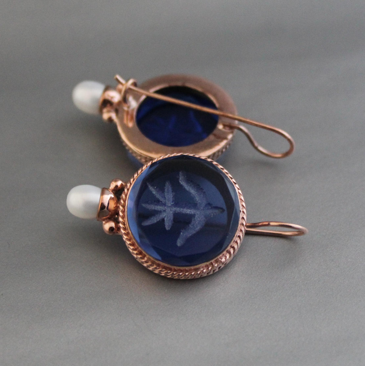 Blue Glass Intaglio Earrings, Vintage Style, Brass with Pearl, photo 4