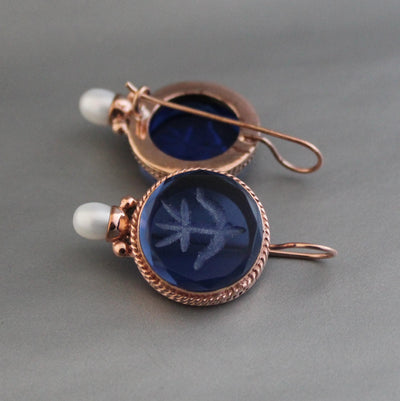 Blue Glass Intaglio Earrings, Vintage Style, Brass with Pearl, photo 4