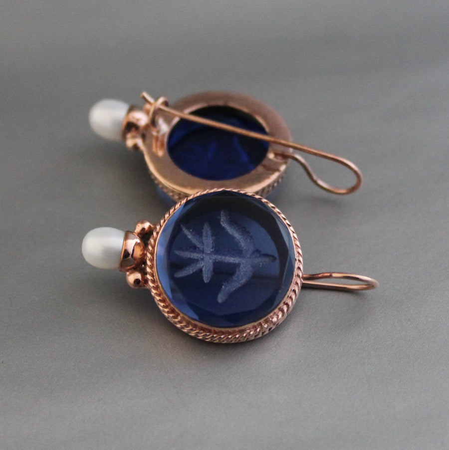 Blue Glass Intaglio Earrings, Vintage Style, Brass with Pearl, photo 4