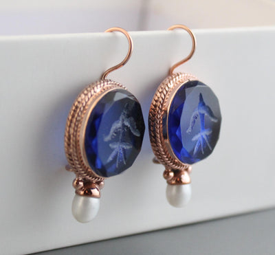 Blue Glass Intaglio Earrings, Vintage Style, Brass with Pearl, photo 9