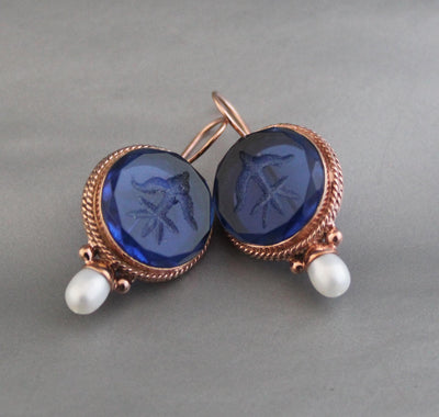 Blue Glass Intaglio Earrings, Vintage Style, Brass with Pearl, photo 2