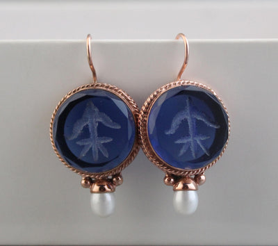 Blue Glass Intaglio Earrings, Vintage Style, Brass with Pearl, photo 8