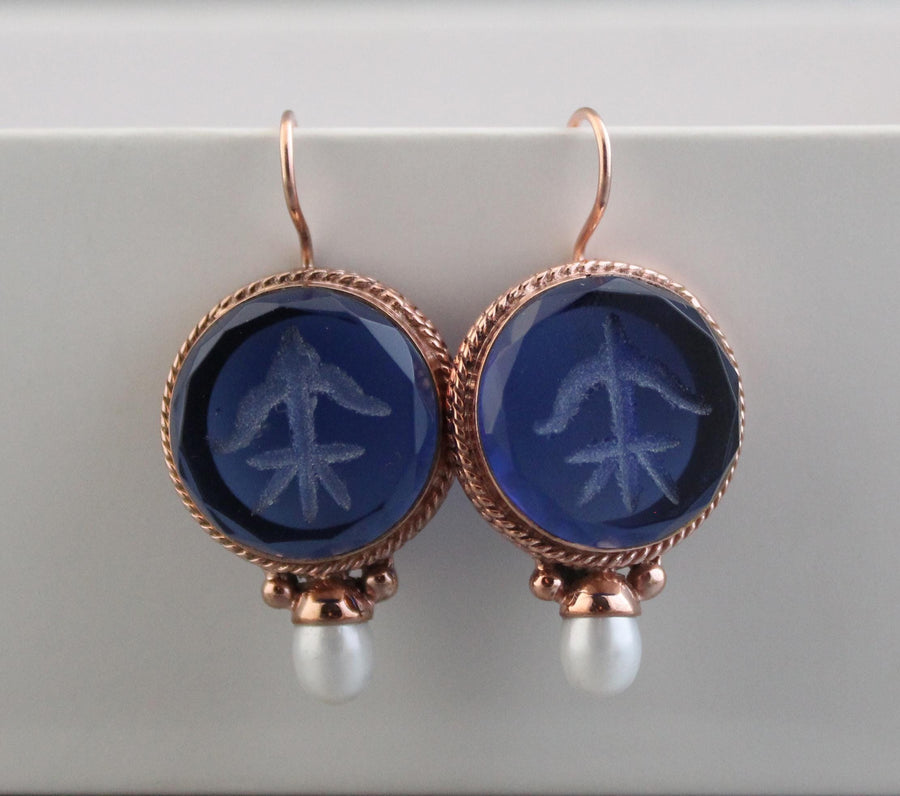Blue Glass Intaglio Earrings, Vintage Style, Brass with Pearl, photo 8