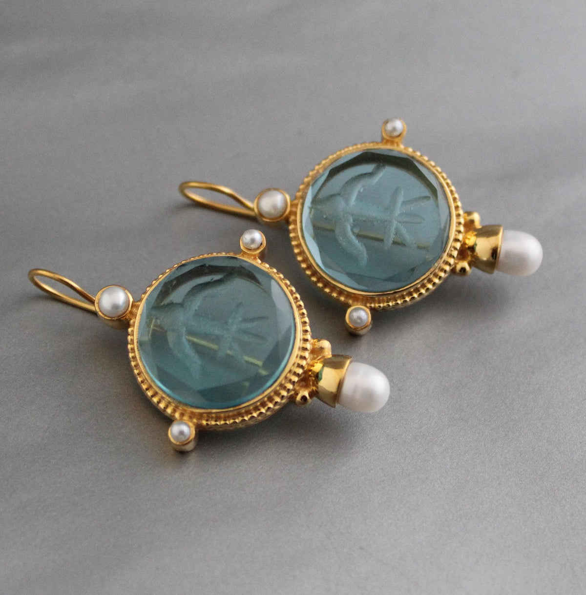 Blue Glass Intaglio Earrings, Vintage Gold, photo 4