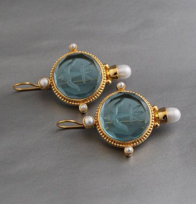 Blue Glass Intaglio Earrings, Vintage Gold, photo 5