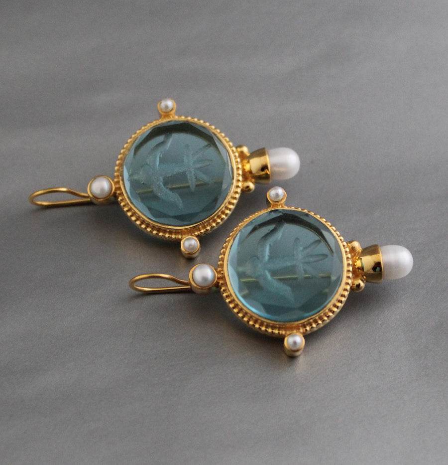 Blue Glass Intaglio Earrings, Vintage Gold, photo 5