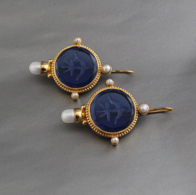 Blue Intaglio Earrings, Victorian Style, Gold, photo 7