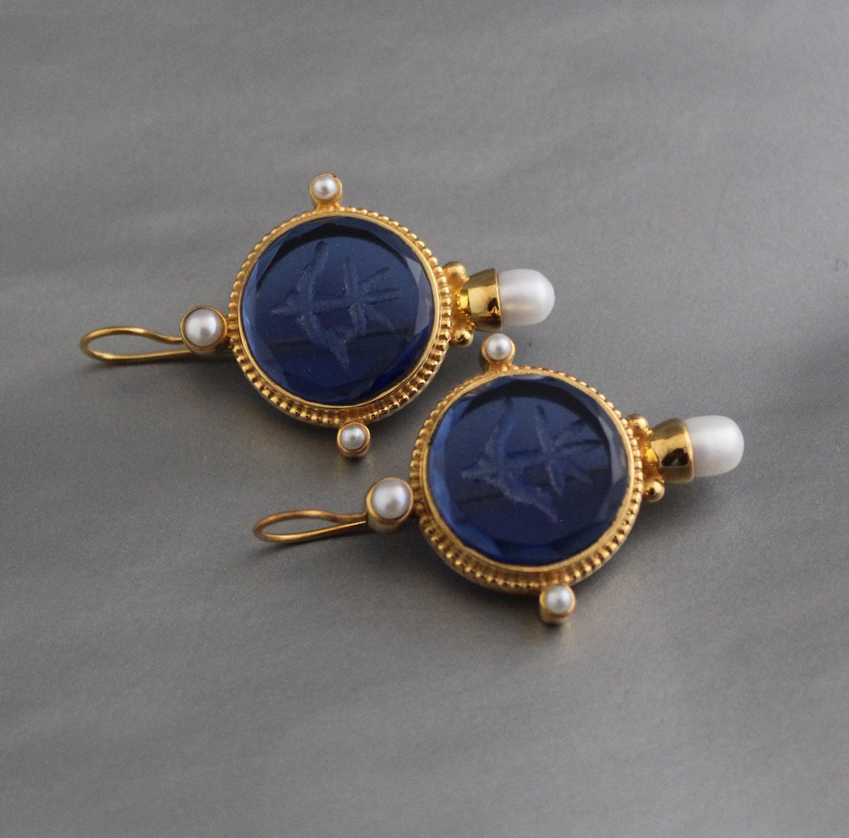 Blue Intaglio Earrings, Victorian Style, Gold, photo 6