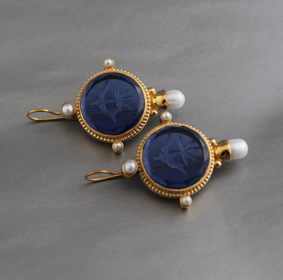 Blue Intaglio Earrings, Victorian Style, Gold, photo 6