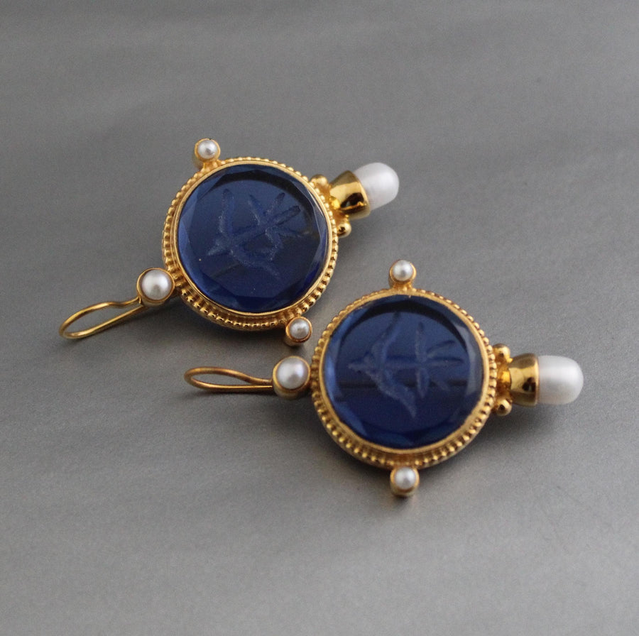 Blue Intaglio Earrings, Victorian Style, Gold, photo 5