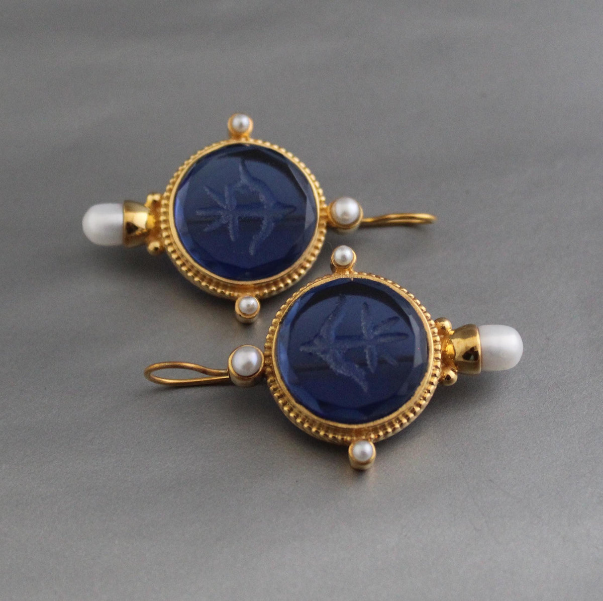 Blue Intaglio Earrings, Victorian Style, Gold