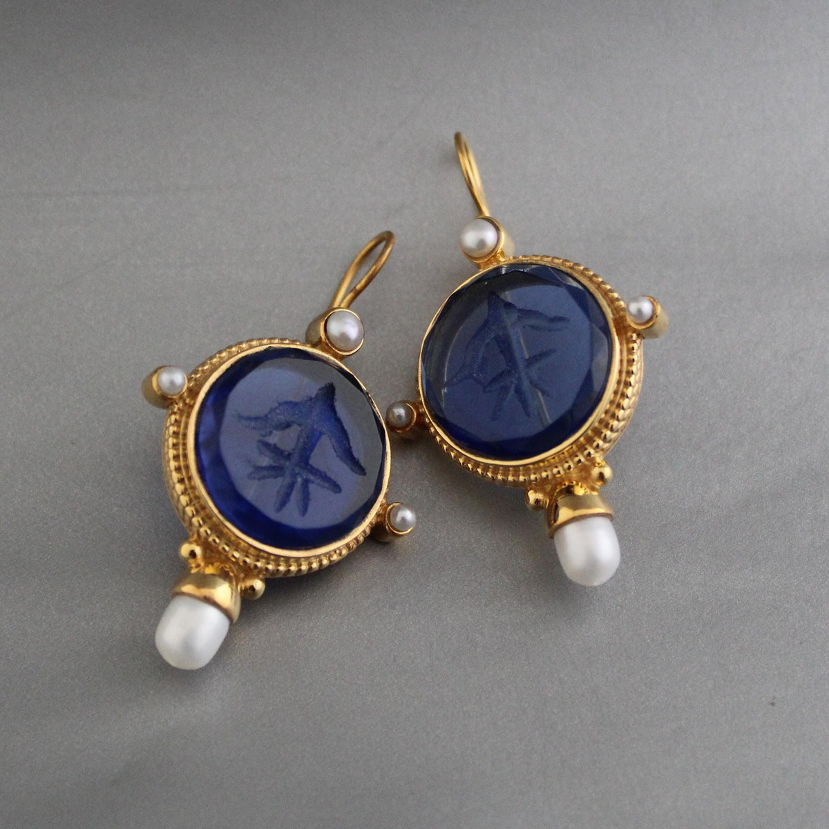 Blue Intaglio Earrings, Victorian Style, Gold, photo 4