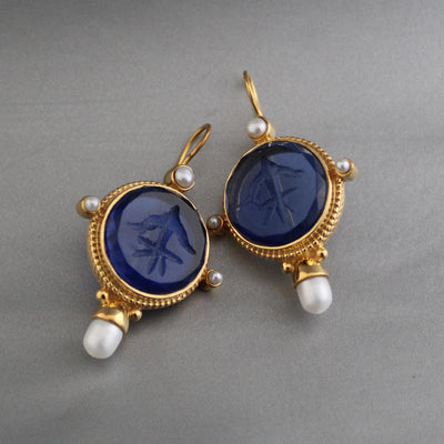 Blue Intaglio Earrings, Victorian Style, Gold, photo 4