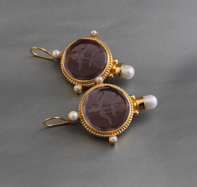 Purple Glass Intaglio Earrings, Art Deco Bridal Pearls