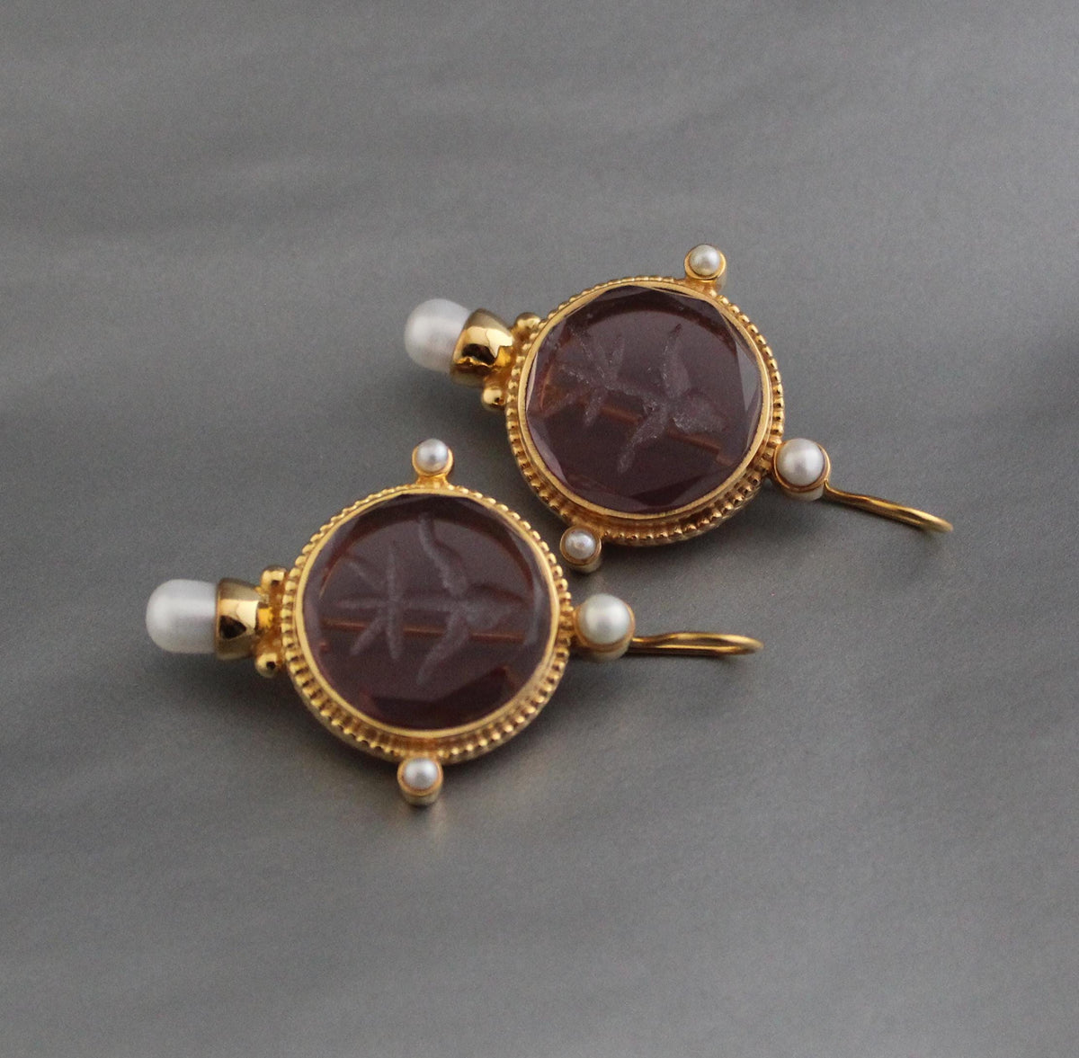 Purple Glass Intaglio Earrings, Art Deco Bridal Pearls, photo 7