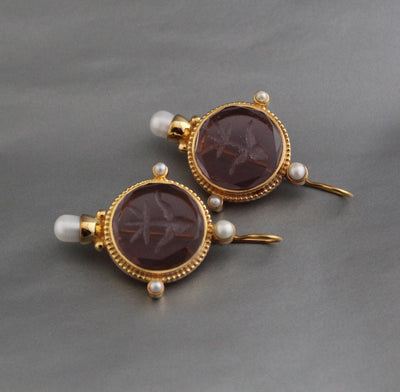 Purple Glass Intaglio Earrings, Art Deco Bridal Pearls, photo 7