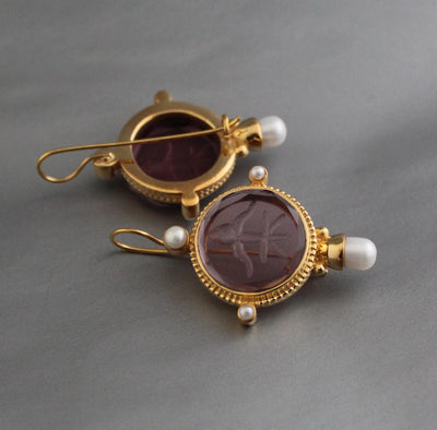 Purple Glass Intaglio Earrings, Art Deco Bridal Pearls, photo 2