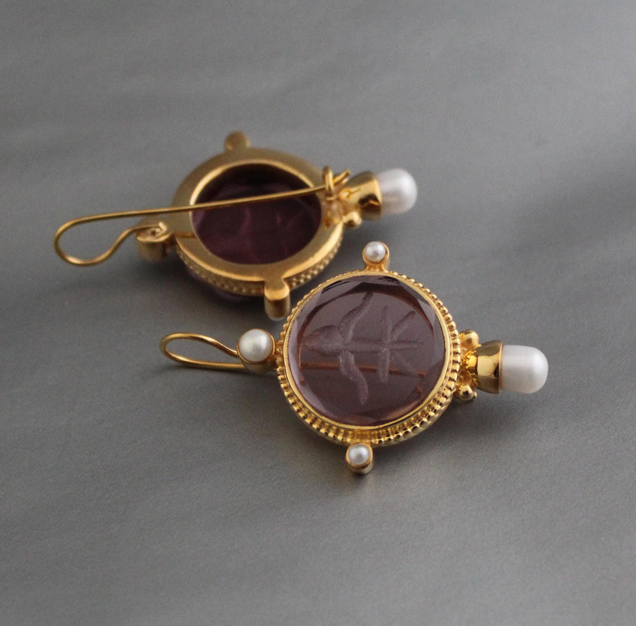 Purple Glass Intaglio Earrings, Art Deco Bridal Pearls, photo 2