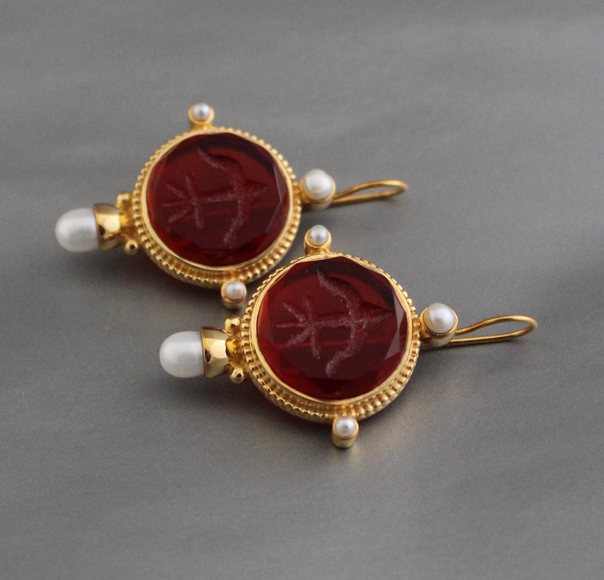 Red Intaglio Crystal Earrings, Victorian Style, Gold, photo 6