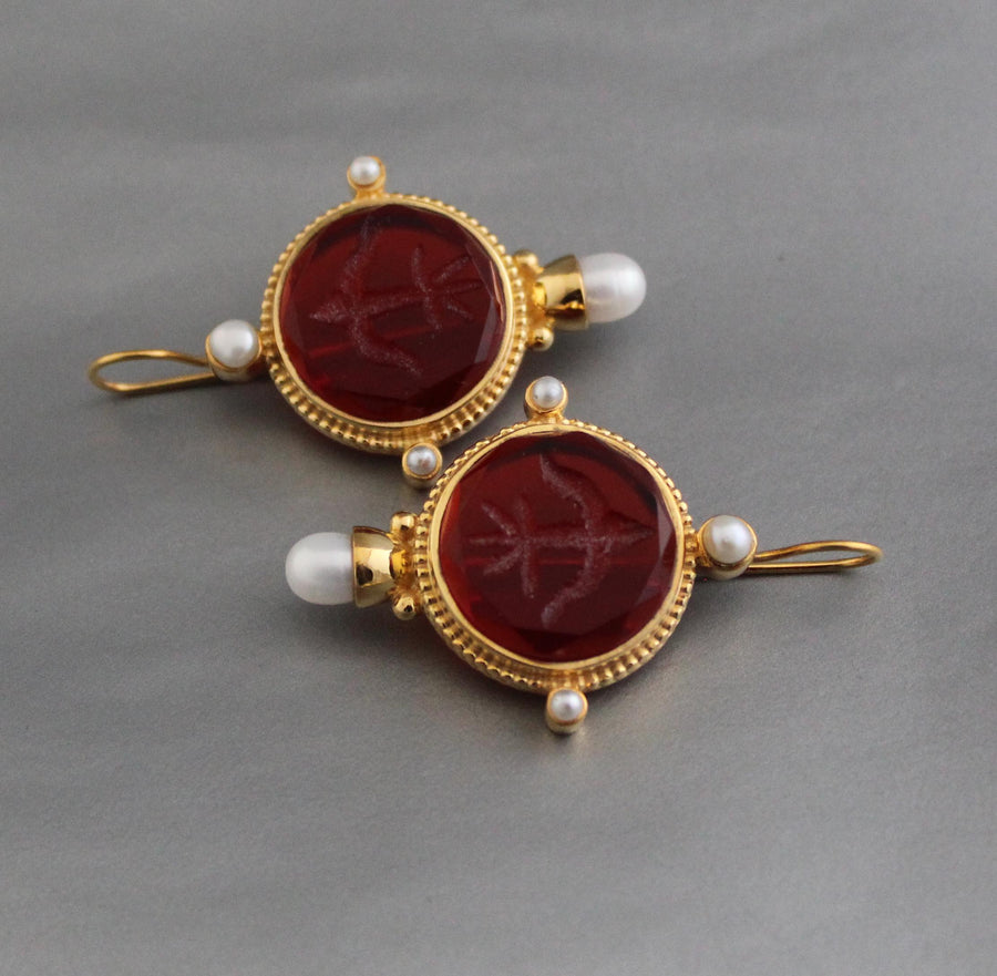Red Intaglio Crystal Earrings, Victorian Style, Gold, photo 7