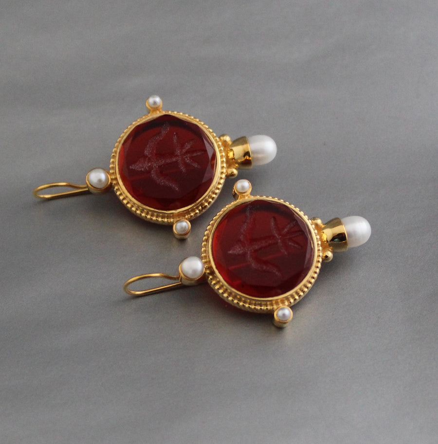 Red Intaglio Crystal Earrings, Victorian Style, Gold, photo 8