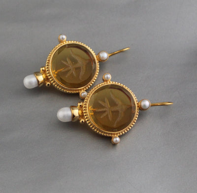 Yellow Glass Intaglio Earrings, Vintage Gold Statement, photo 2