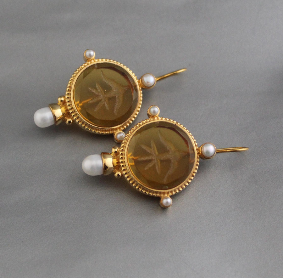 Yellow Glass Intaglio Earrings, Vintage Gold Statement, photo 2