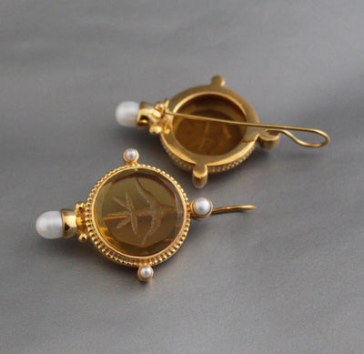 Yellow Glass Intaglio Earrings, Vintage Gold Statement, photo 4