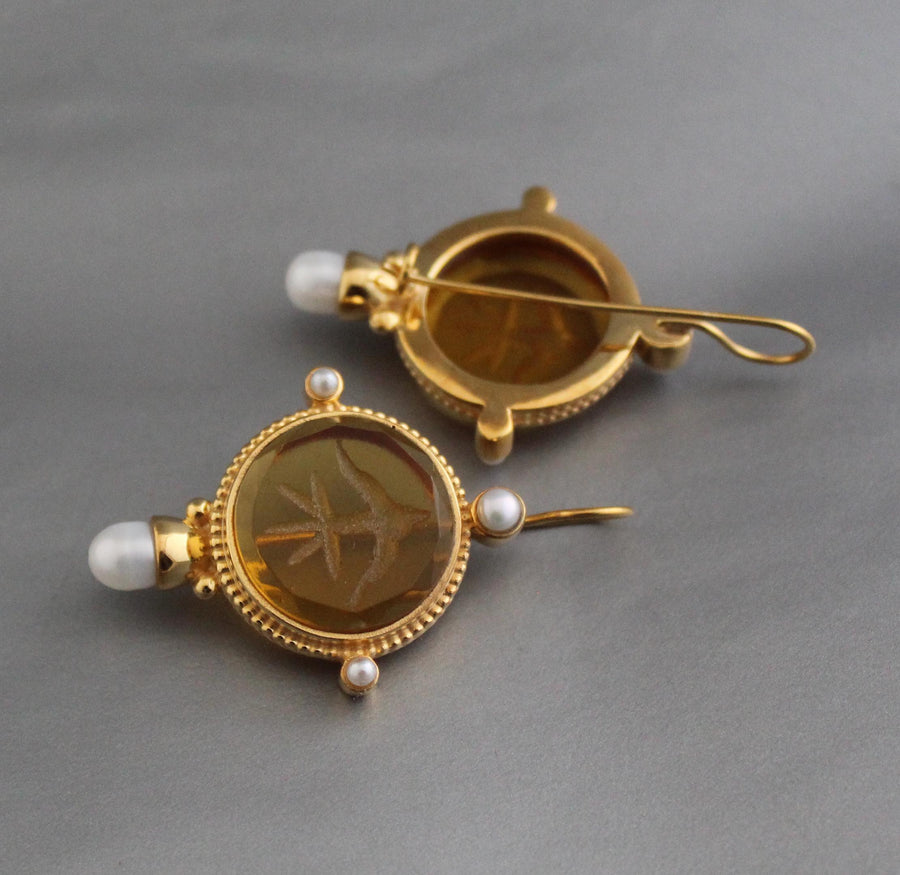 Yellow Glass Intaglio Earrings, Vintage Gold Statement, photo 4