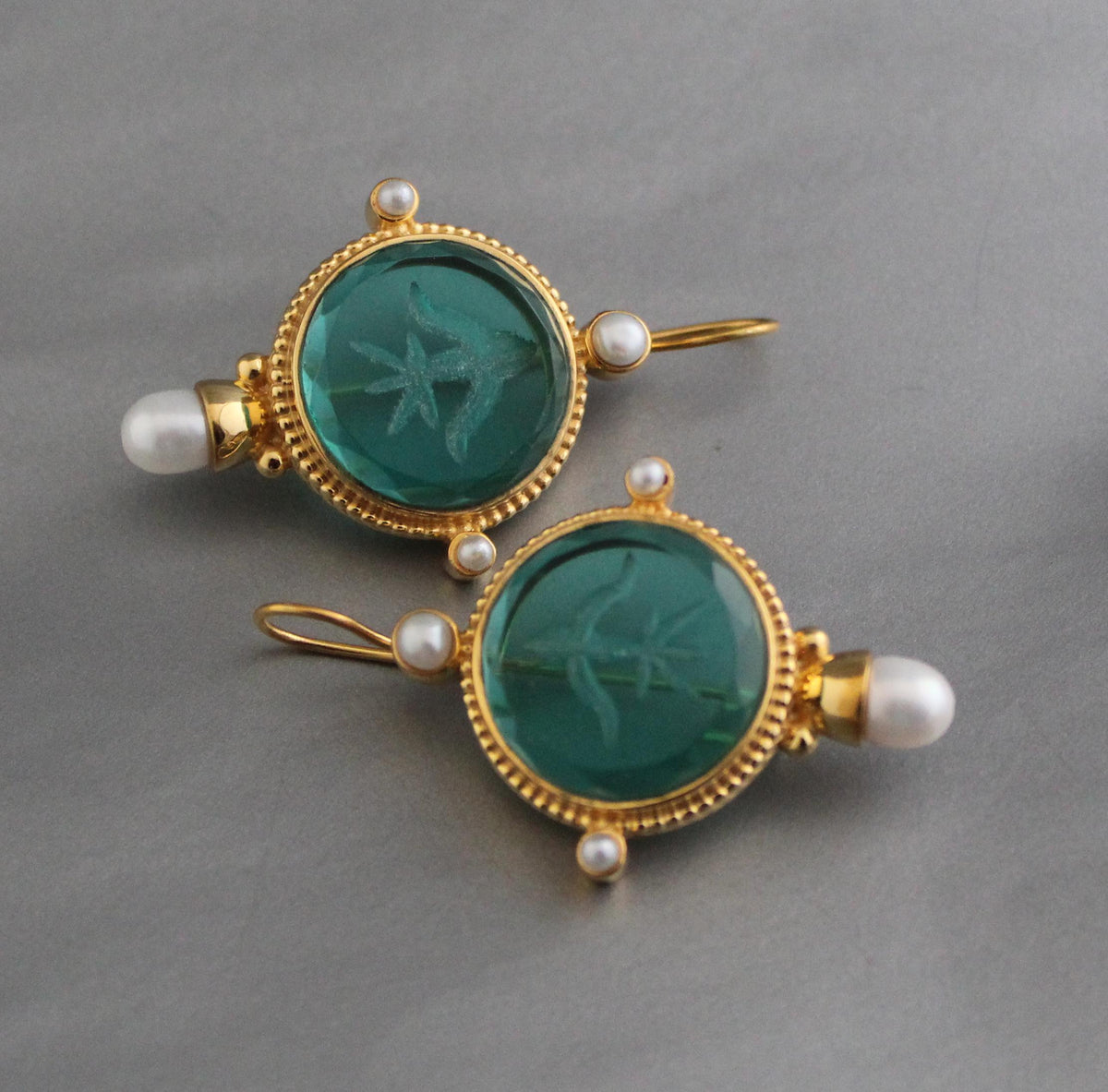 Green Glass Intaglio Earrings, Art Deco Pearl Dangles, Gold, photo 4