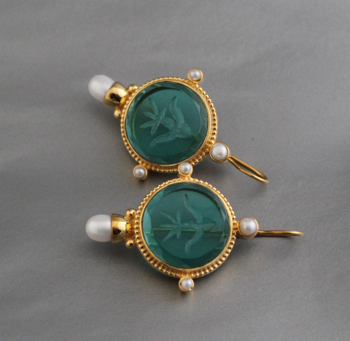 Green Glass Intaglio Earrings, Art Deco Pearl Dangles, Gold, photo 6