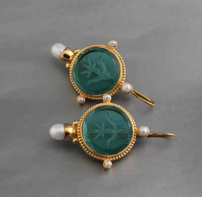 Green Glass Intaglio Earrings, Art Deco Pearl Dangles, Gold, photo 6