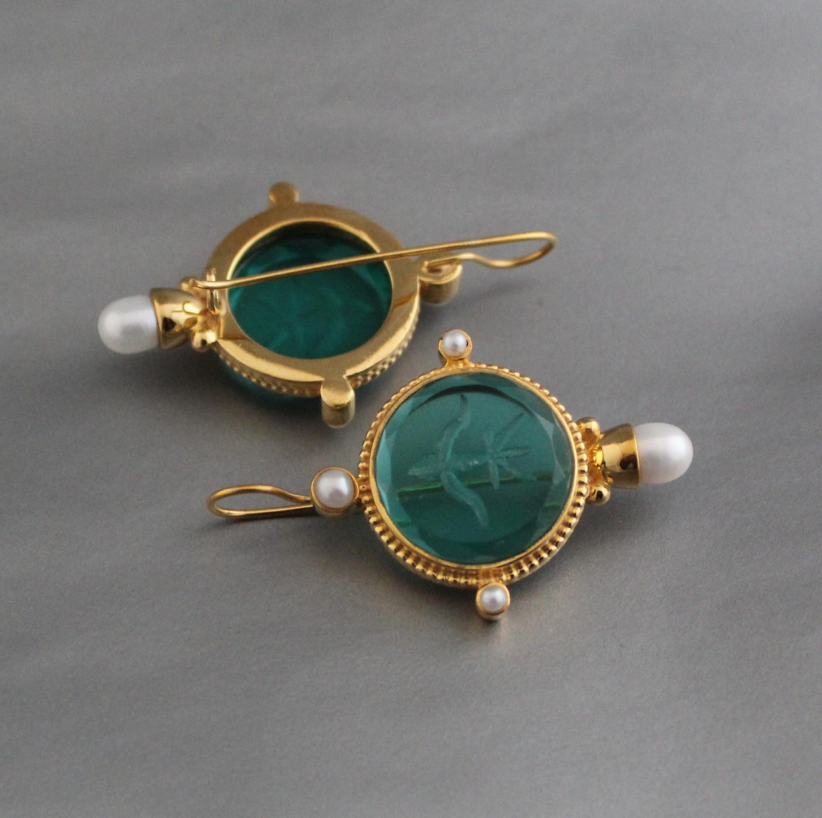 Green Glass Intaglio Earrings, Art Deco Pearl Dangles, Gold