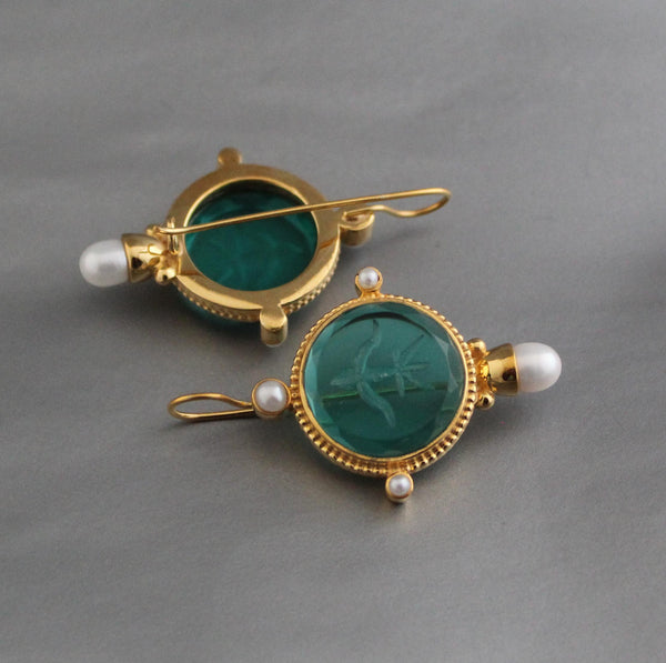 Green Glass Intaglio Earrings, Art Deco Pearl Dangles, Gold