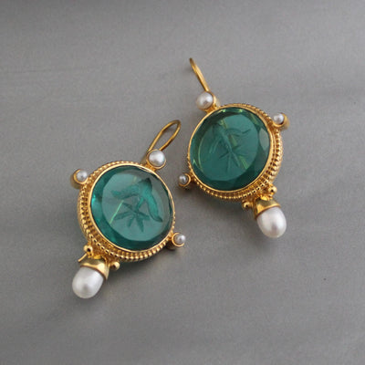 Green Glass Intaglio Earrings, Art Deco Pearl Dangles, Gold, photo 7