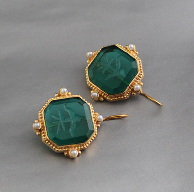 Green Intaglio Earrings, Antique Victorian Style, Brass, photo 5