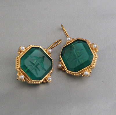 Green Intaglio Earrings, Antique Victorian Style, Brass, photo 2