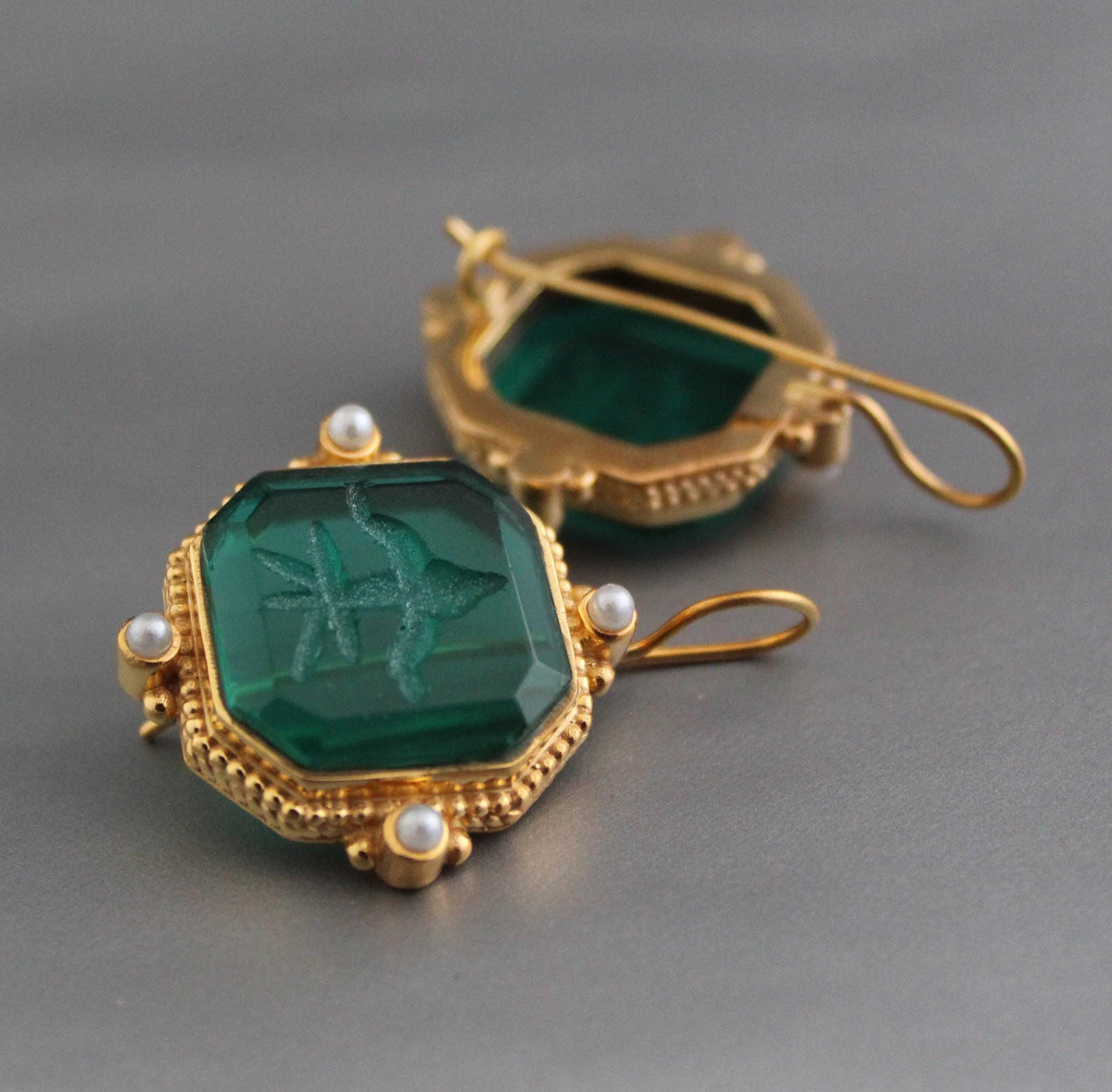 Green Intaglio Earrings, Antique Victorian Style, Brass, photo 6