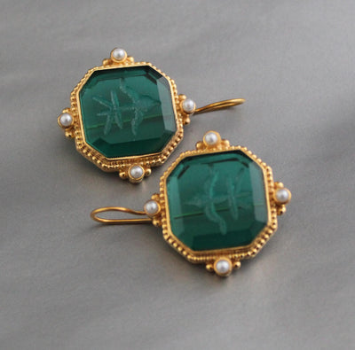 Green Intaglio Earrings, Antique Victorian Style, Brass, photo 7