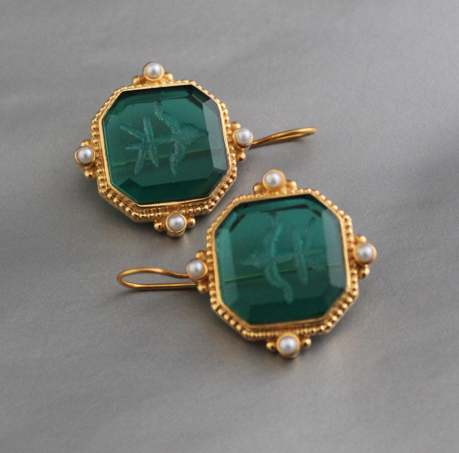 Green Intaglio Earrings, Antique Victorian Style, Brass, photo 7