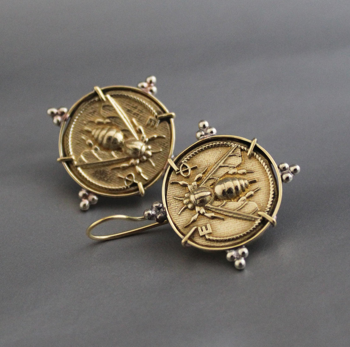 Honeybee Coin Earrings, Ancient Roman Style, Brass, photo 6