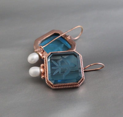 Blue Intaglio Glass Earrings, Rose Gold, photo 2