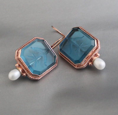 Blue Intaglio Glass Earrings, Rose Gold