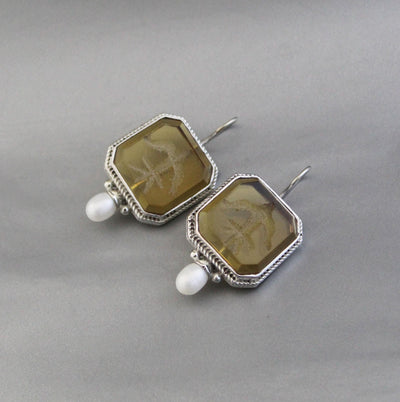 Yellow Intaglio Earrings, Victorian Dangles, Gold, photo 10