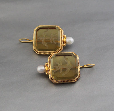Yellow Intaglio Earrings, Victorian Art Deco Style, Brass, photo 5