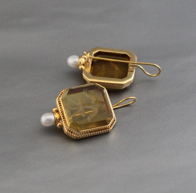 Yellow Intaglio Earrings, Victorian Art Deco Style, Brass, photo 4