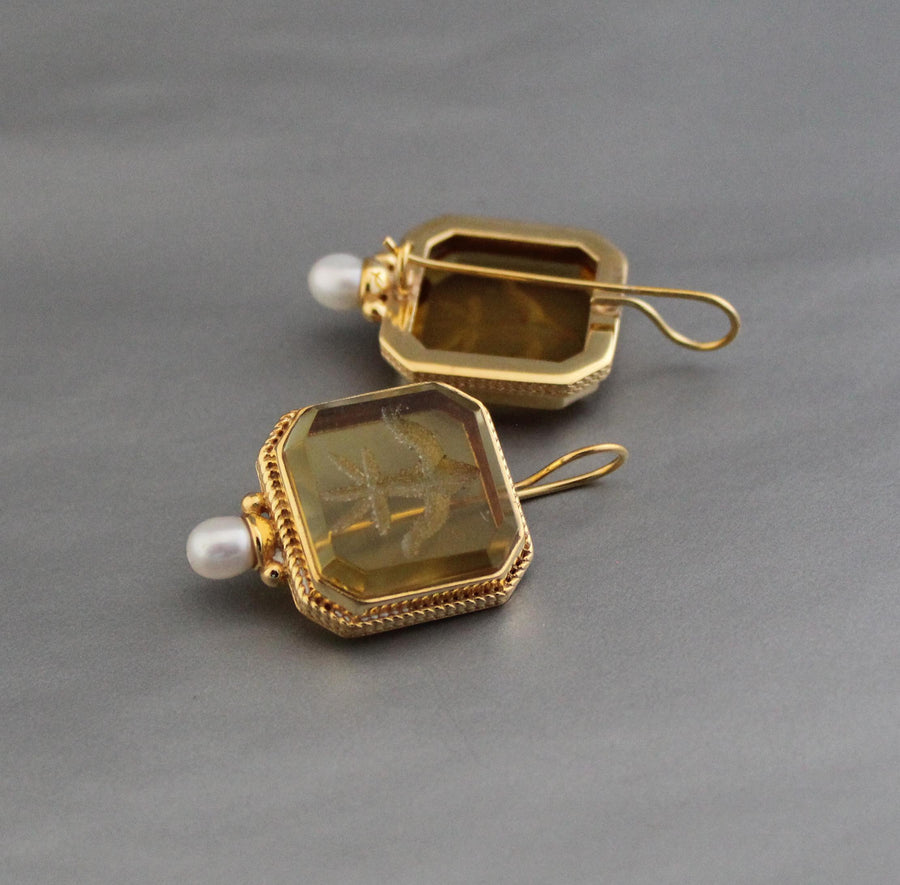 Yellow Intaglio Earrings, Victorian Art Deco Style, Brass, photo 4