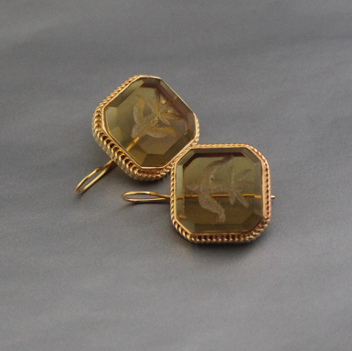 Yellow Glass Intaglio Earrings, Victorian Cameo Style, 18K Gold, photo 5