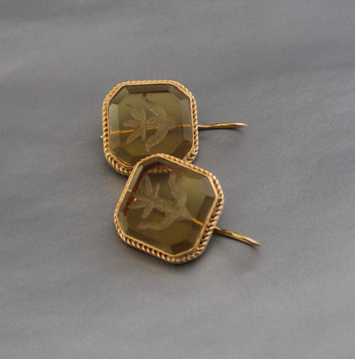 Yellow Glass Intaglio Earrings, Victorian Cameo Style, 18K Gold, photo 9