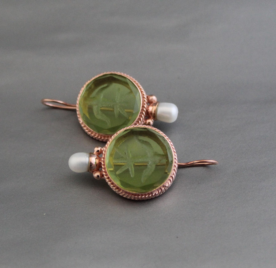 Green Fleur-de-lis Intaglio Earrings, Vintage Pearls, Rose Gold, photo 4